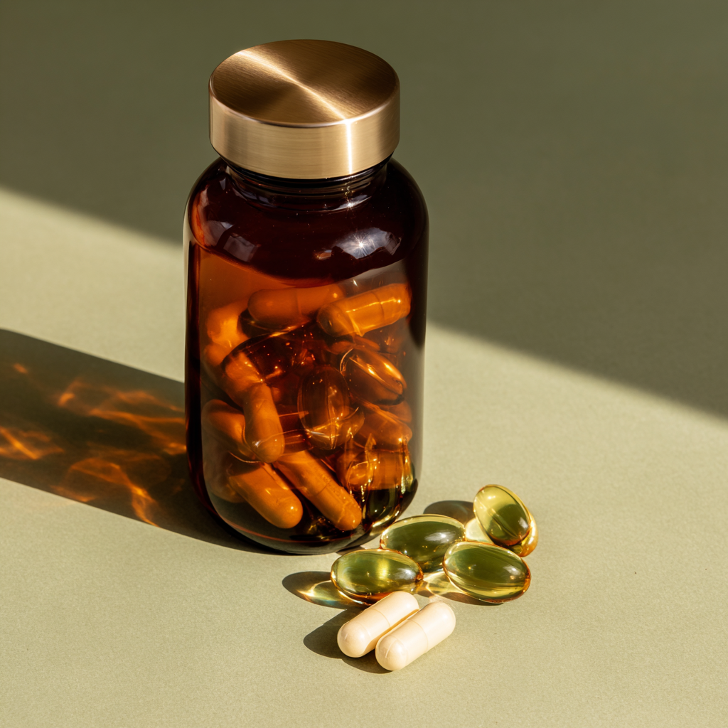 feelborn premium amber glass bottle with golden capsules and supplements - daily health system